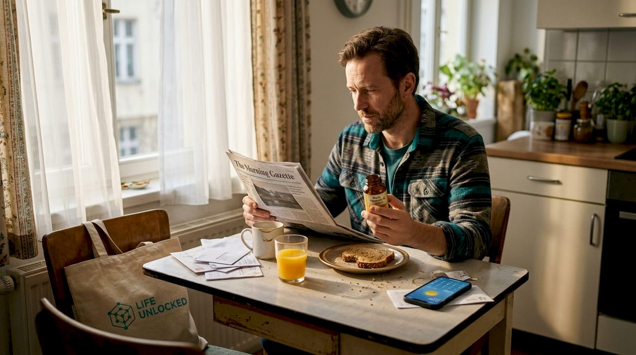 Man at kitchen table with vitamin D bottle