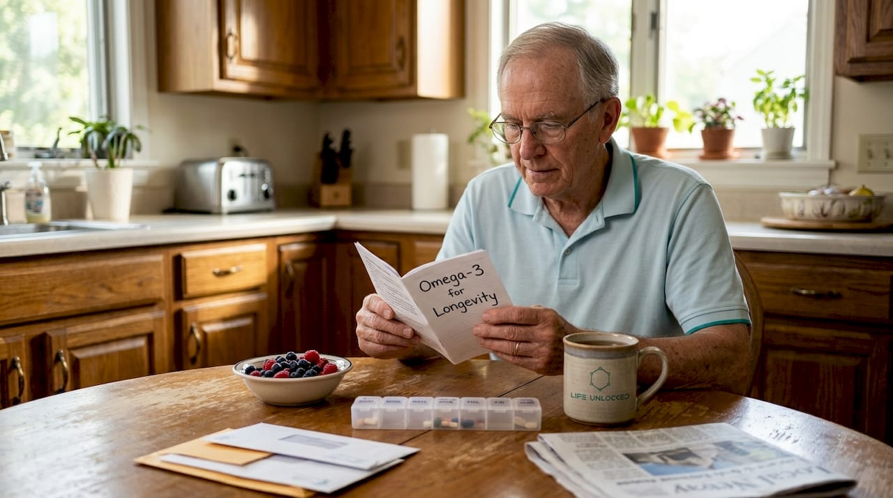 Senior man reading omega-3 nutrition guide