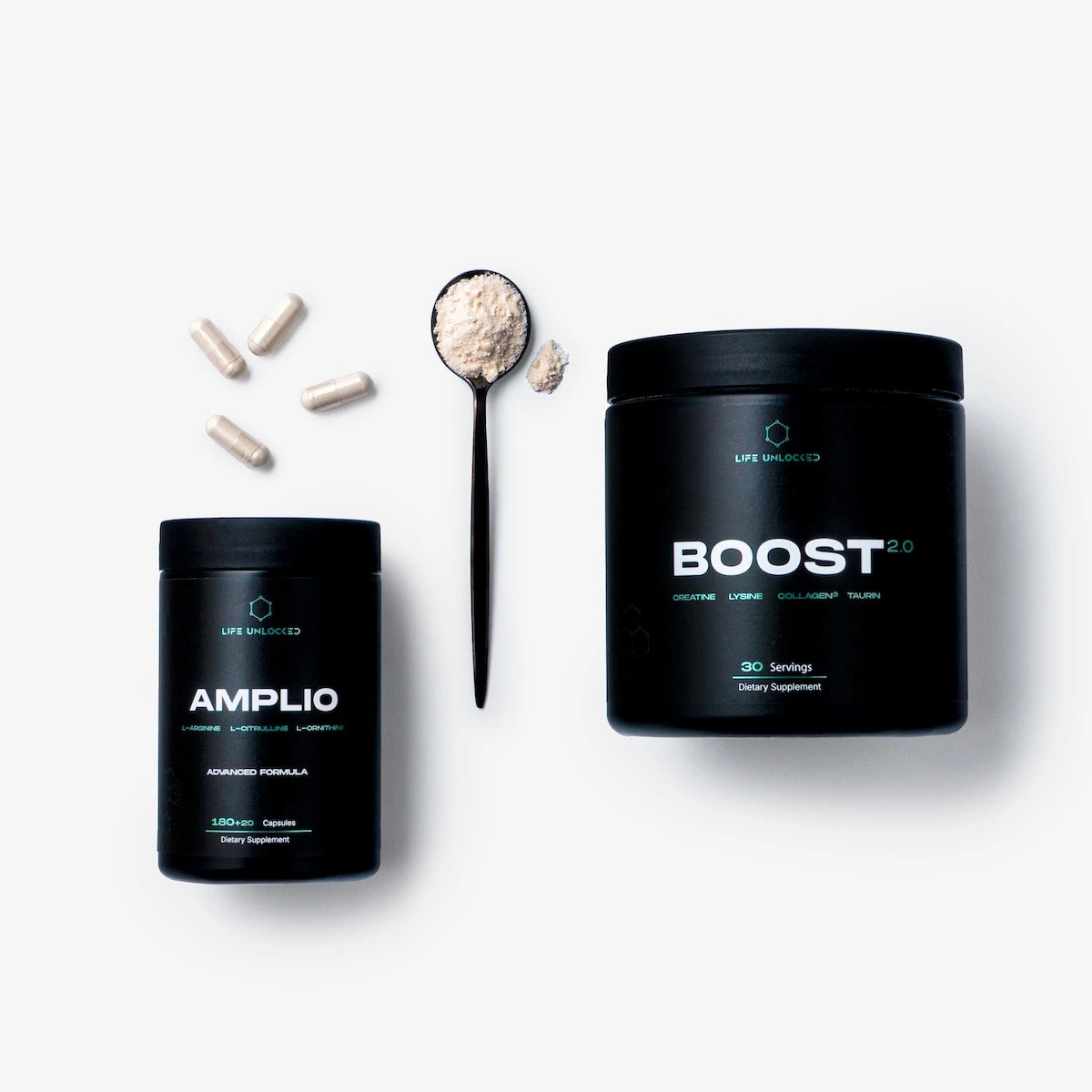 Two black containers labeled 'Amplio' and 'Boost 2.0' on a white background.