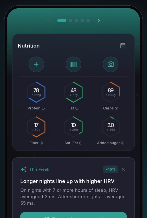 KLU nutrition screen with protein, fat, carbs and fibre